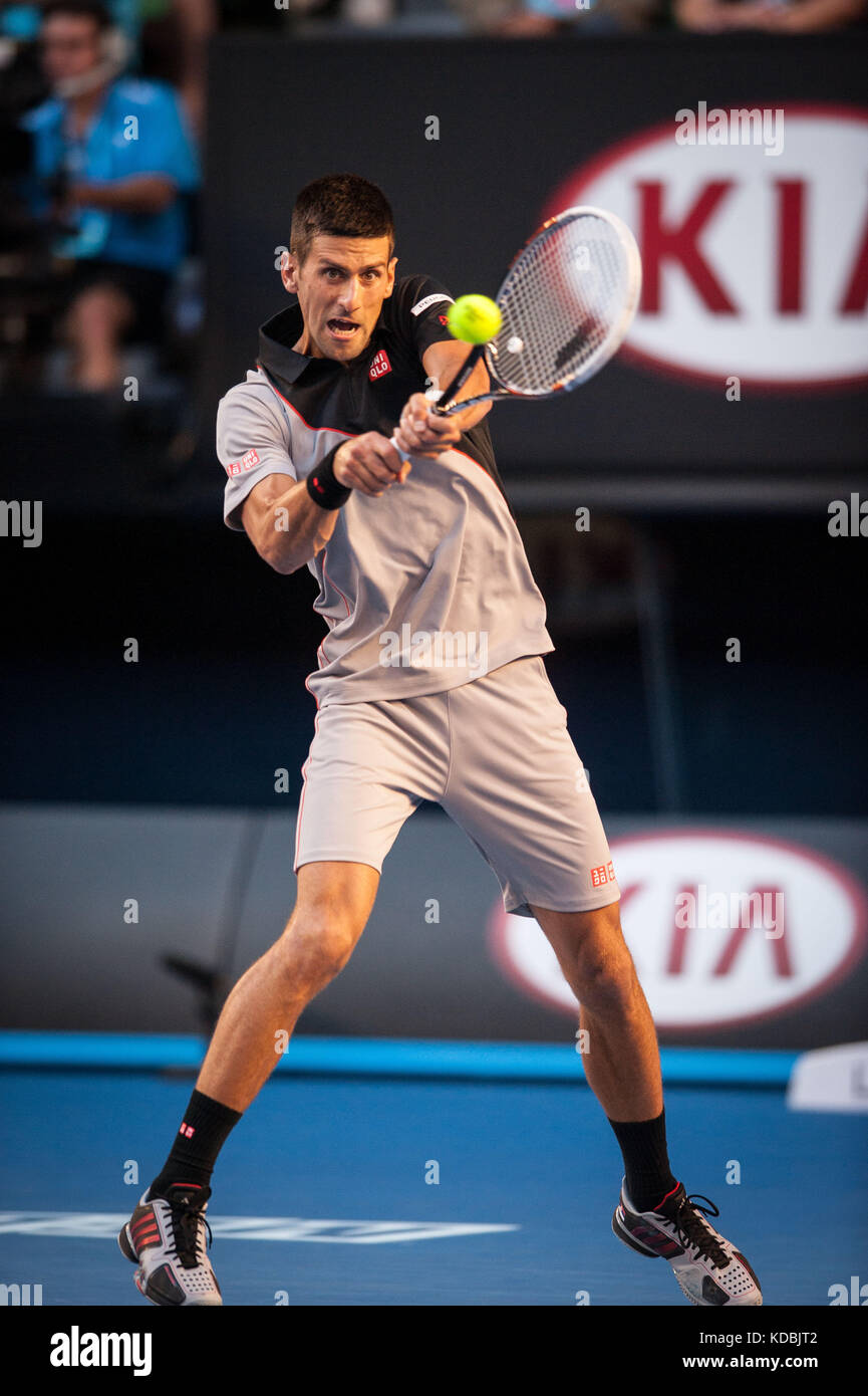 Novak Djokovic (SRB) ging gegen unseeded Lucas lacko (Svk) in einem Spiel der 2014 Australian Open in Melbourne Djokovic besiegt Lacko 6-3 Stockfoto