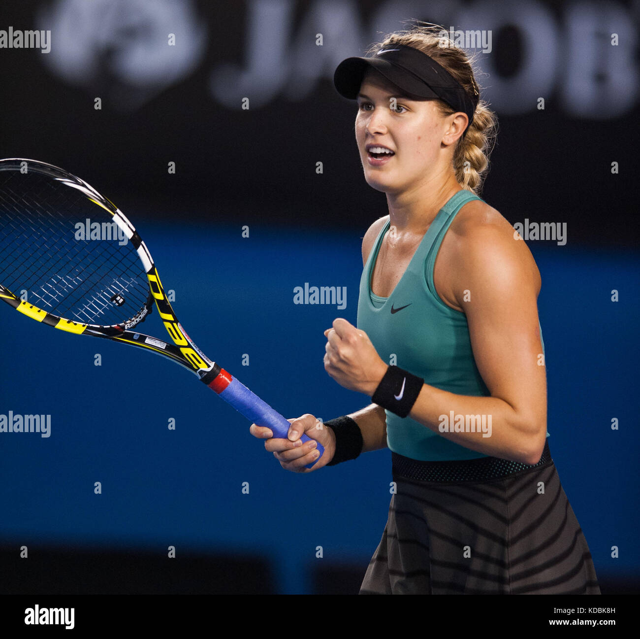 Kanadische eugenie Bouchard (können) feiert ihren Sieg, nachdem sie ihren vierten Runde Spiel gegen Heimat Favorit casey dellacqua (aus) im Th gewonnen Stockfoto