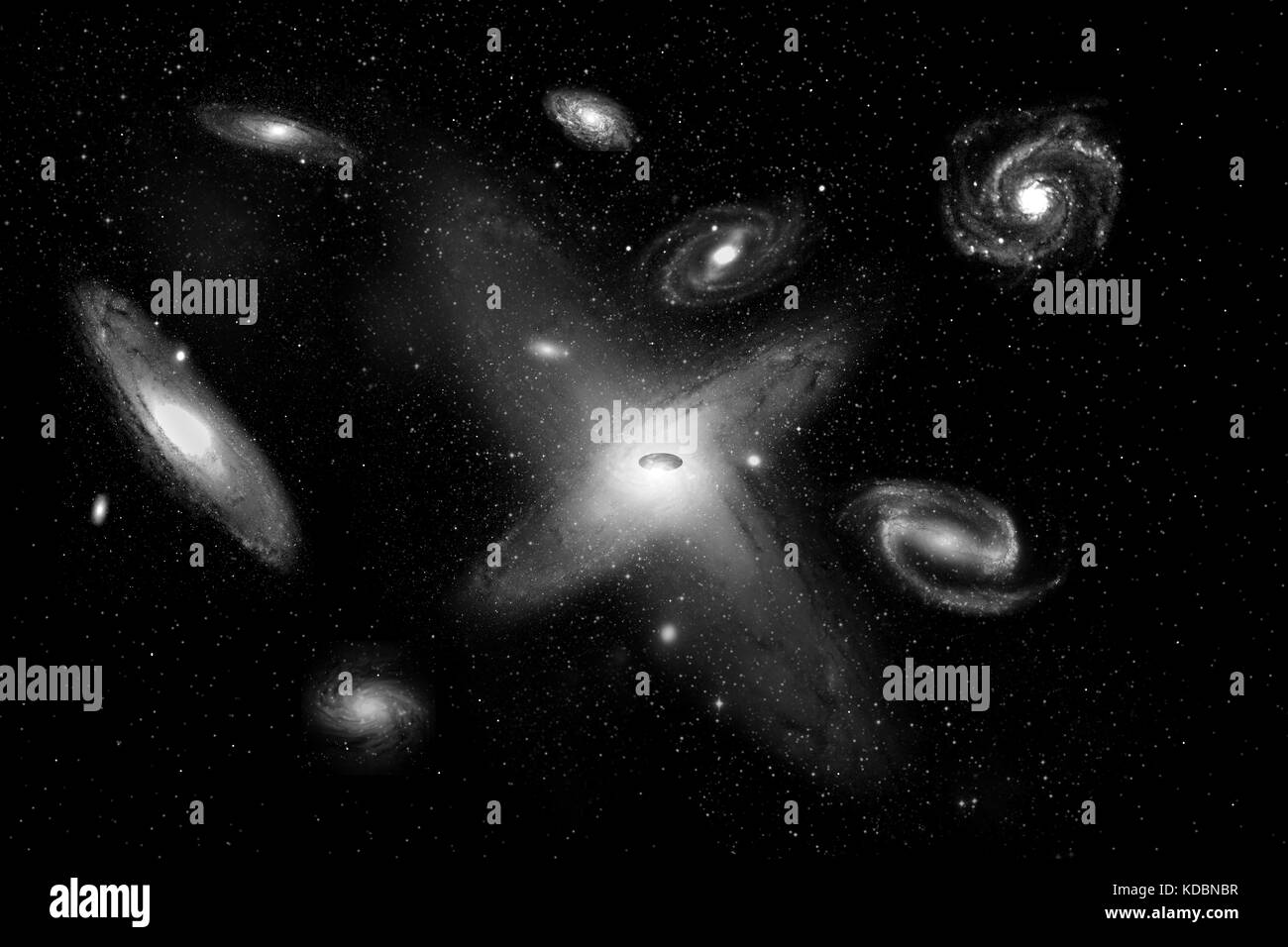 Kollidierenden Galaxien bilden ein supermassives Schwarzes Loch. Stockfoto
