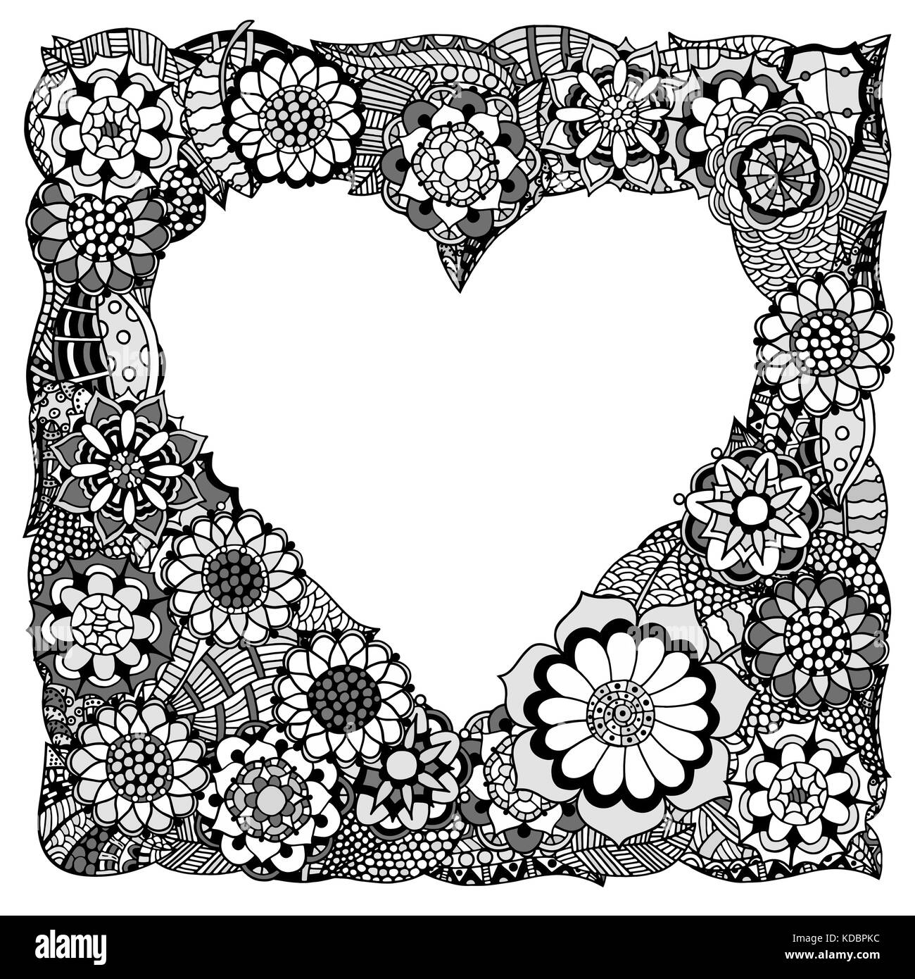 Monochrom frame Abstrakte Blumen in der Form des Herzens. doodle Hintergrund. Vector Illustration Stock Vektor