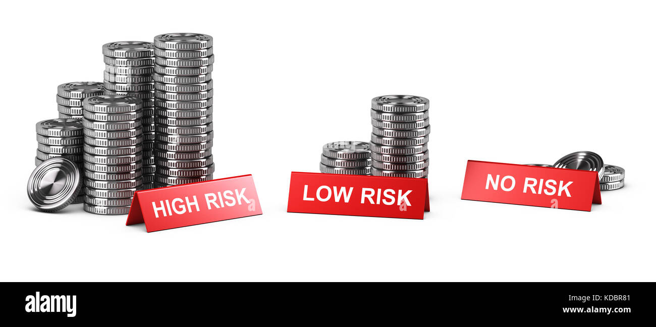 3D-Illustration, Münzen, Pfähle und rote Schilder mit Texten für Hoch, Niedrig und kein Risiko. Konzept der Investition und Risiko. Stockfoto