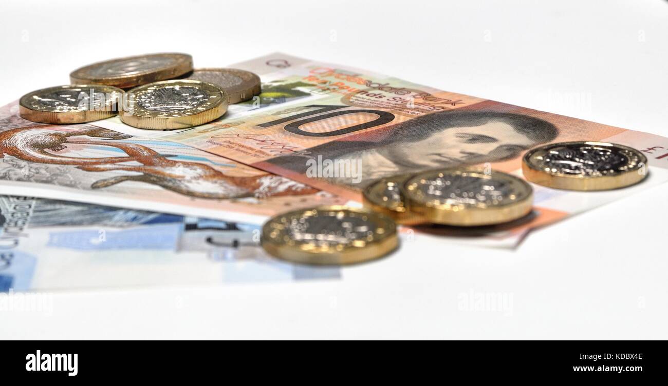 Neue schottische Banknoten und Münzen neue Pfund Stockfoto