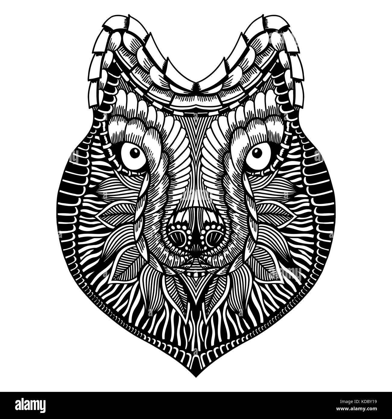 Zentangle stilisierten Wolf Gesicht. Hand gezeichnet doodle Vector Illustration. hoch detaillierte Skizze für Tattoo oder makhenda. Tierische Sammlung. T-Shirt drucken. Stock Vektor