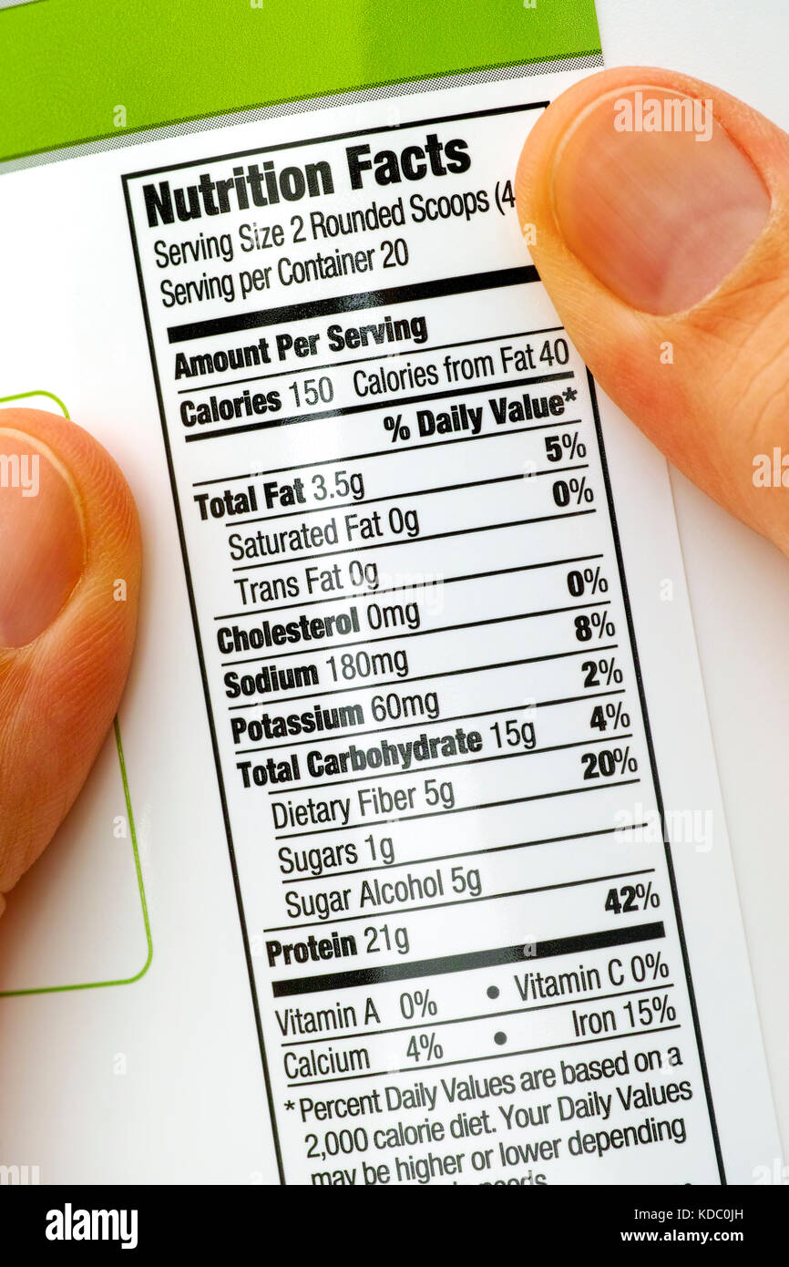 Lesen Ernährung Fakten über Protein jar. close-up. Stockfoto