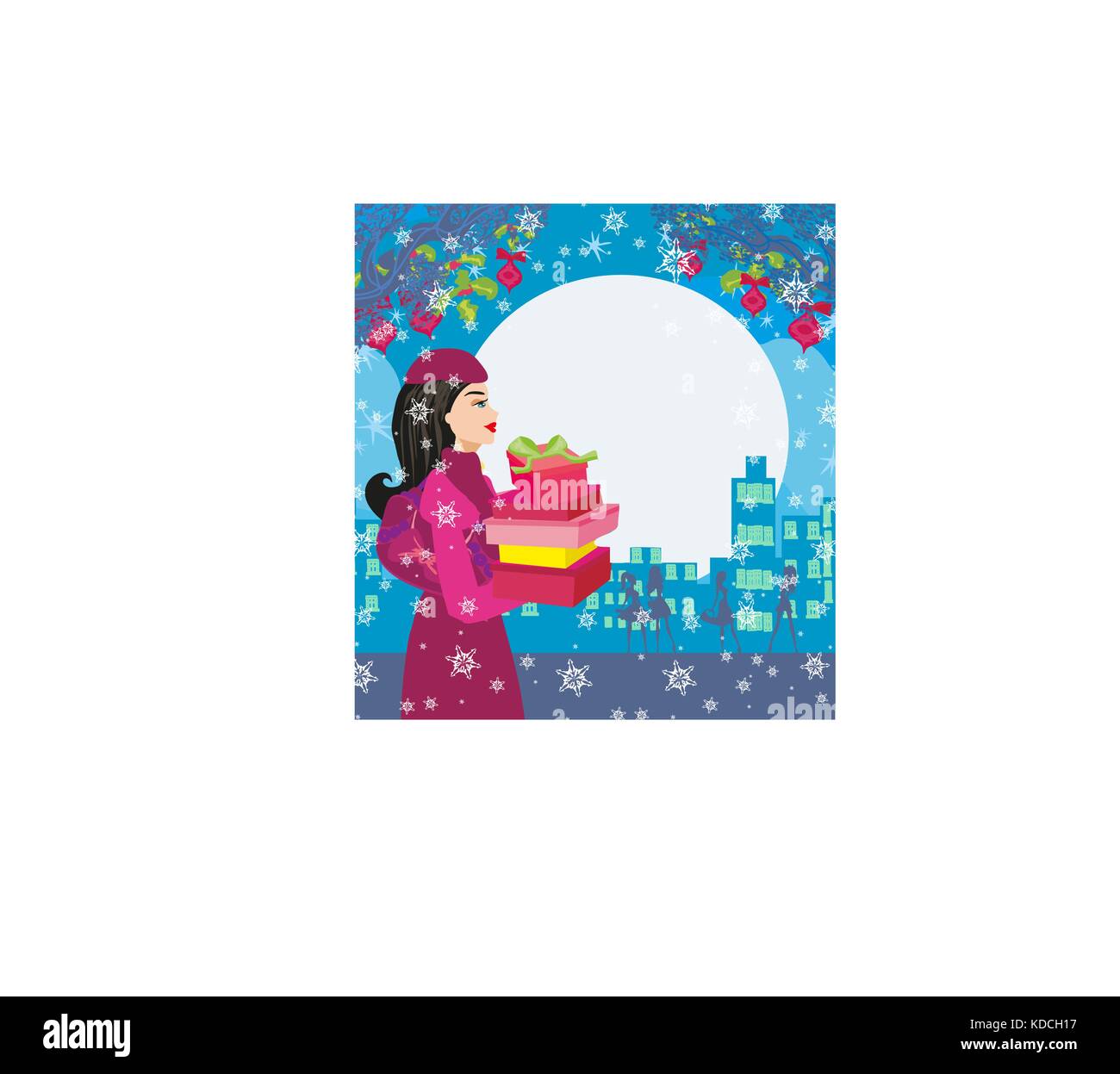 Christmas shopping auf einer verschneiten Nacht Stock Vektor