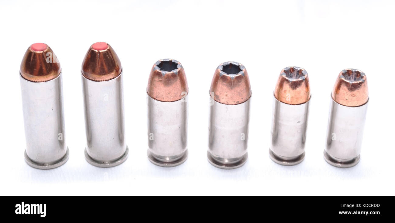 Drei verschiedene Arten von Hollow point Kugeln, 44 spl, 357 Magnum, 9 mm Stockfoto