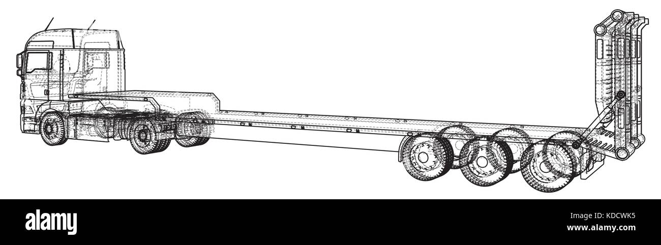 Niedrige Bett LKW Anhänger. Abstrakte Zeichnung. tracing Abbildung: 3d Stock Vektor