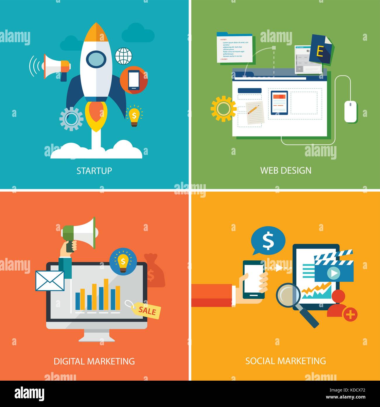 Festlegen des digitalen Marketings, Startup, Web Design und Social Marketing Stock Vektor