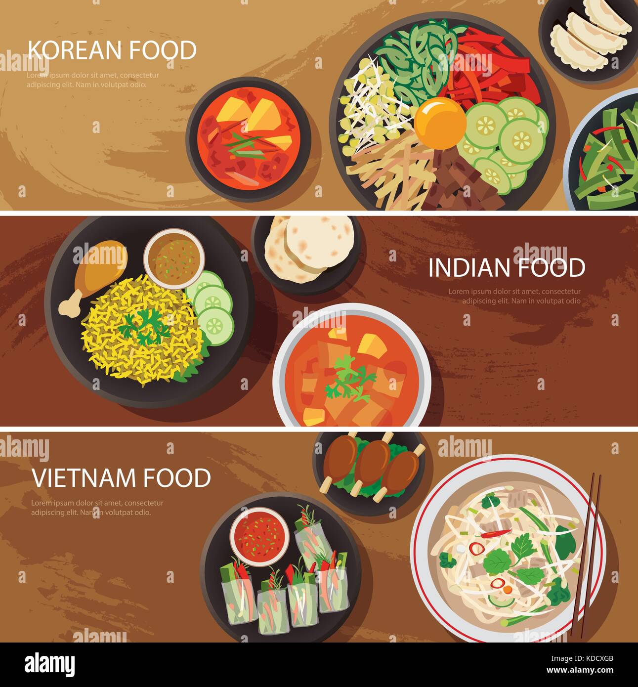 Asien Street Food Web Banner, koreanisches Essen, indisches Essen, vietnam Essen flache Bauweise Stock Vektor