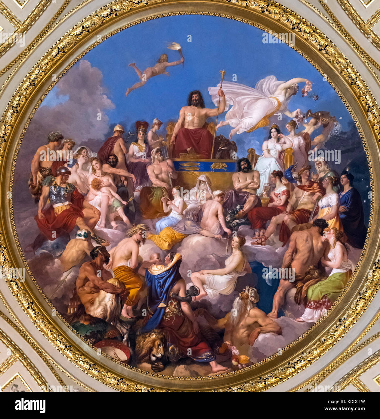 Versammlung der Götter unter Vorsitz von Jupiter, Malerei an der Decke der Ilias Zimmer, Galerie Palatina, Palazzo Pitti (Palazzo Pitti), Florenz, Italien. Stockfoto