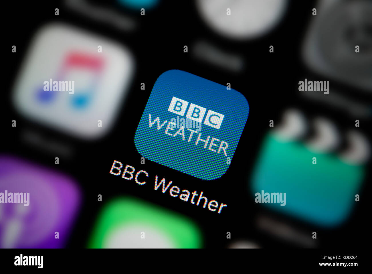 Eine Nahaufnahme des Logo für BBC Wetter App Symbol, wie auf dem Bildschirm eines Smartphones (nur redaktionelle Nutzung) Stockfoto