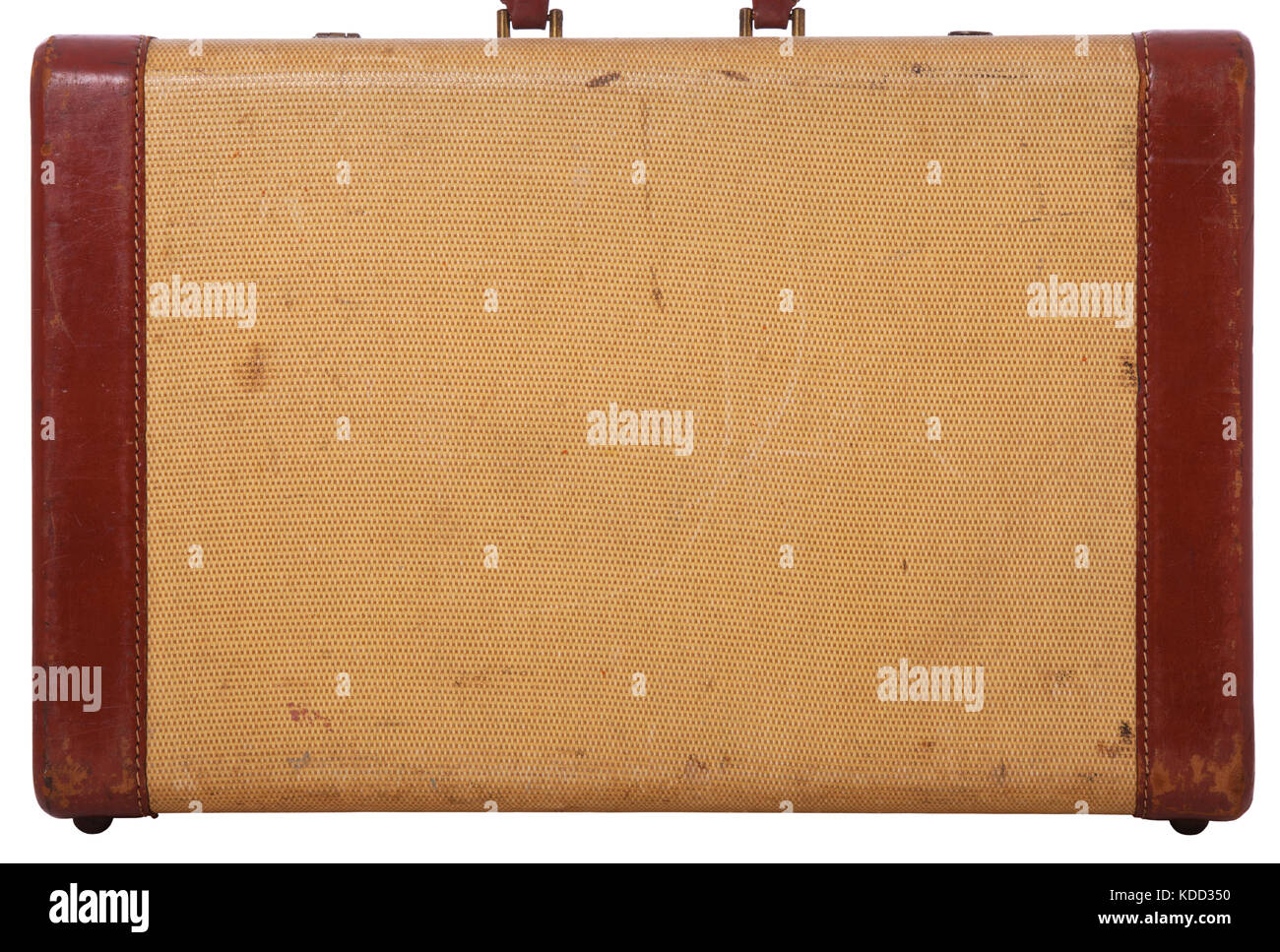 Seitliche Sicht auf einen alten Koffer mit Leder und ein gewebtes Textur Stockfoto