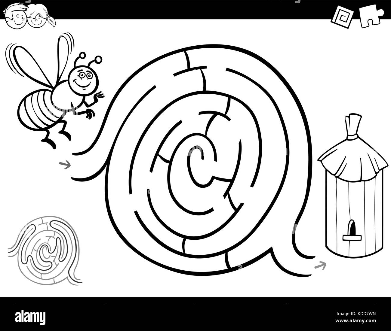 Schwarze und weiße Cartoon Illustration für Bildung Labyrinth oder Irrgarten Aktivität Spiel für Kinder mit Biene Insekt Charakter und hive Malbuch Stock Vektor