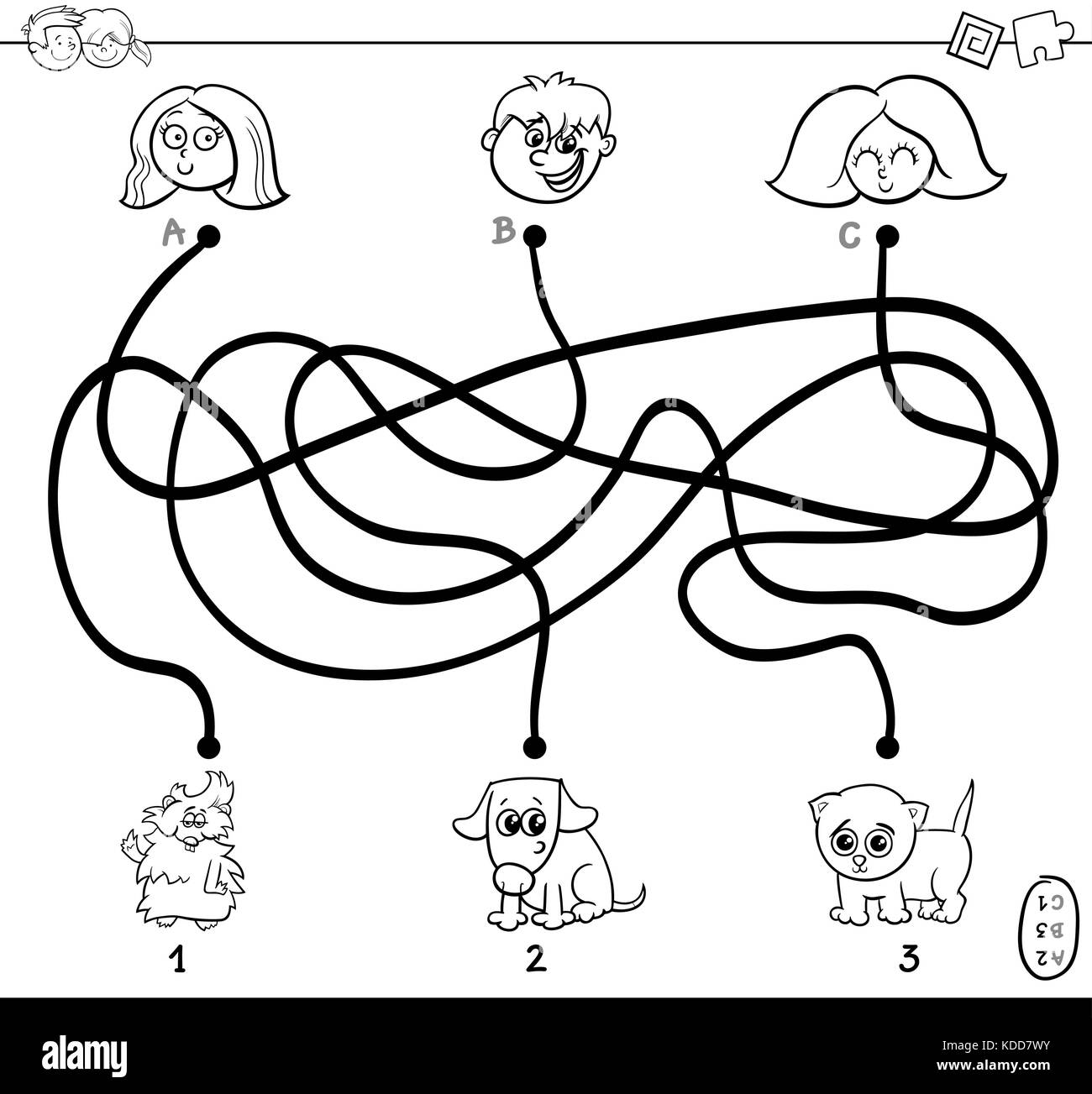 Schwarze und weiße Cartoon Illustration der Bahnen oder Labyrinth puzzle Aktivität Spiel mit Kindern und Haustier zeichen Malbuch Stock Vektor