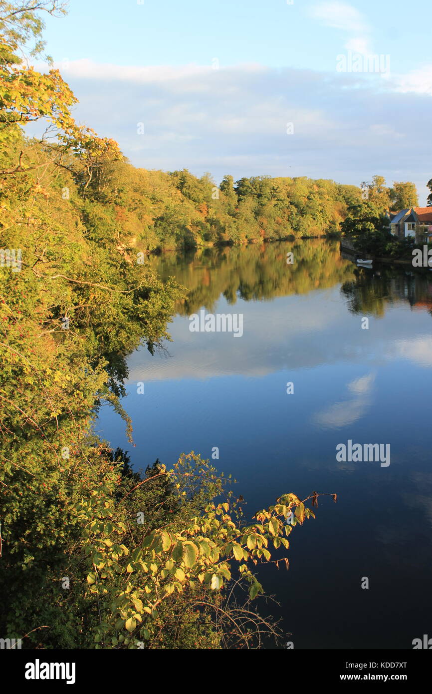 Fluß Coquet, Warkworth, hinter einem 1068 Straße Brücke, es ist von Bäumen gesäumten Ufer mit Herbst Farbe getönt, Northumberland, Großbritannien Stockfoto
