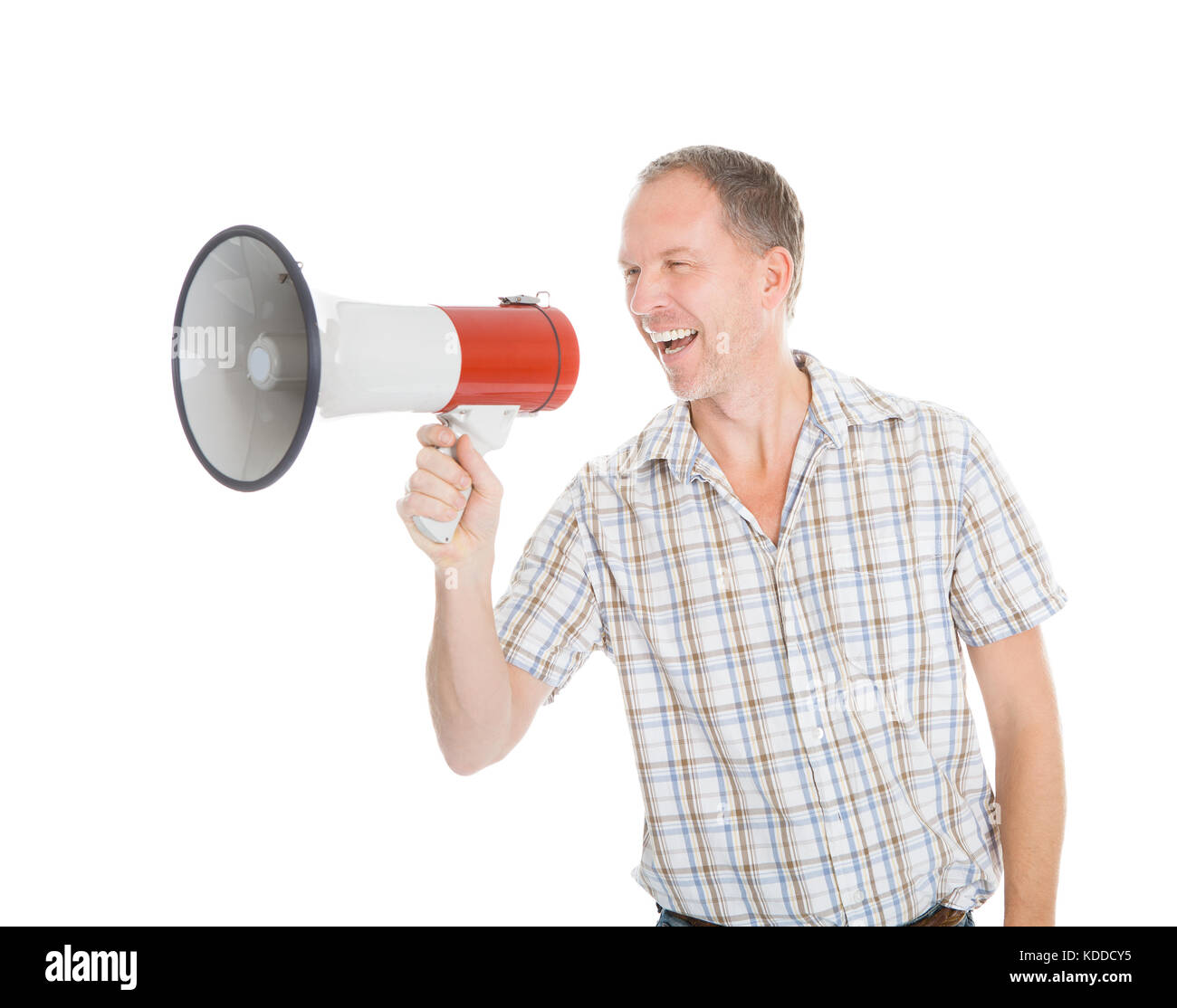 Mann schreien über Megaphon Over White Background Stockfoto