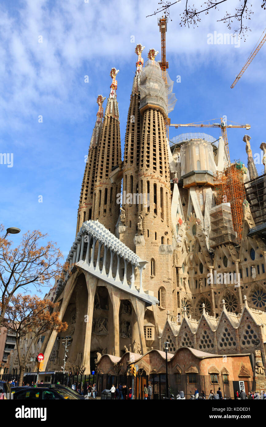 Detail von Antoni Gaudis Sagrada Familia während der Bauphase. Barcelona, Katalonien, Spanien Stockfoto