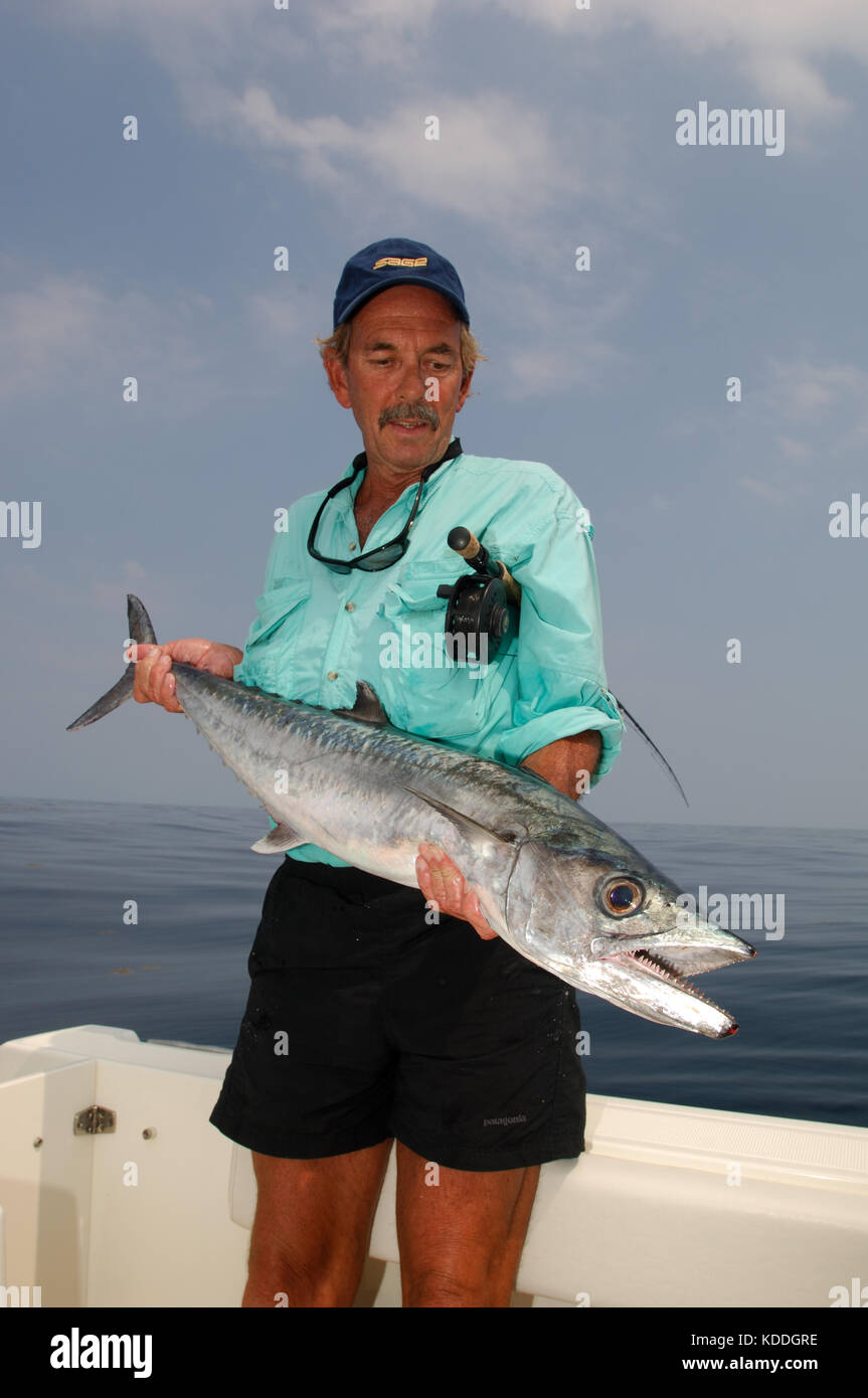 Ein Fischer mit einem kingfish oder König Makrele gefangen, während Fliegenfischen offshore von Freeport, Texas Stockfoto