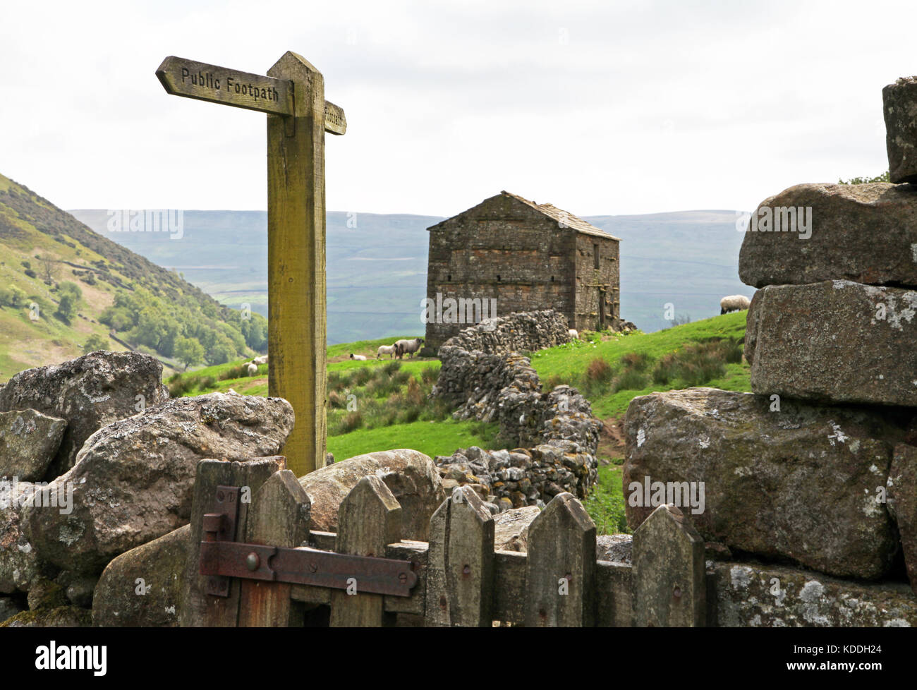 Schild für öffentliche Wanderwege, Steinscheune und Trockenmauern in der Nähe des Dorfes Angram in Swaledale. Stockfoto