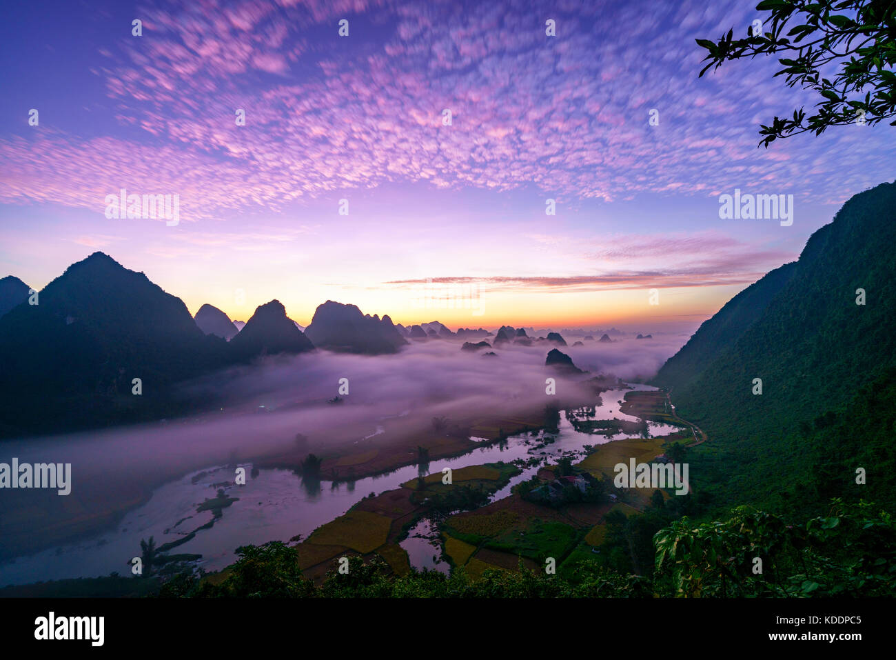 Royalty Free Stock Bild in hoher Qualität von Dämmerung und Nebel, in den Bergen, Fluss und Reis Feld bei Trung Khanh Stadt, Cao Bang Provinz, Vietnam. Stockfoto