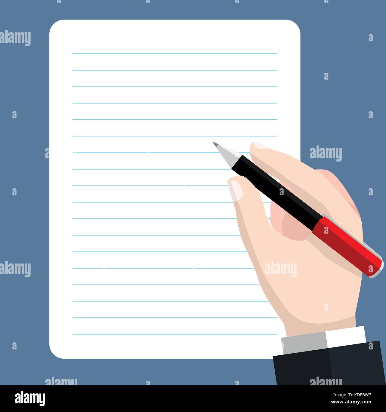 Business Hand schreiben auf Blatt Papier mit Stift. Anmeldung Dokument, Schreiben, Vertragsprüfung, Schreibarbeit, Diktat Konzepte. flachbild Vector Illustration. Stock Vektor