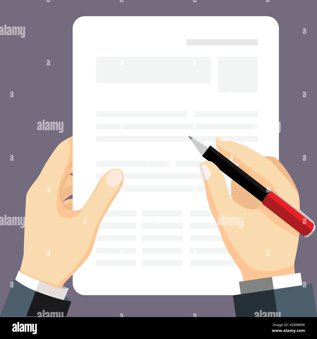 Business Hand schreiben auf Blatt Papier mit Stift. Anmeldung Dokument, Schreiben, Vertragsprüfung, Schreibarbeit, Diktat Konzepte. flachbild Vector Illustration. Stock Vektor
