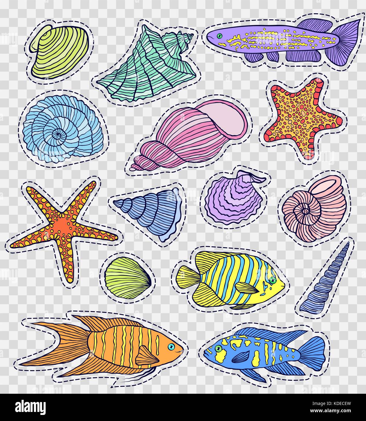 Bunte Muscheln und Fische Stock Vektor