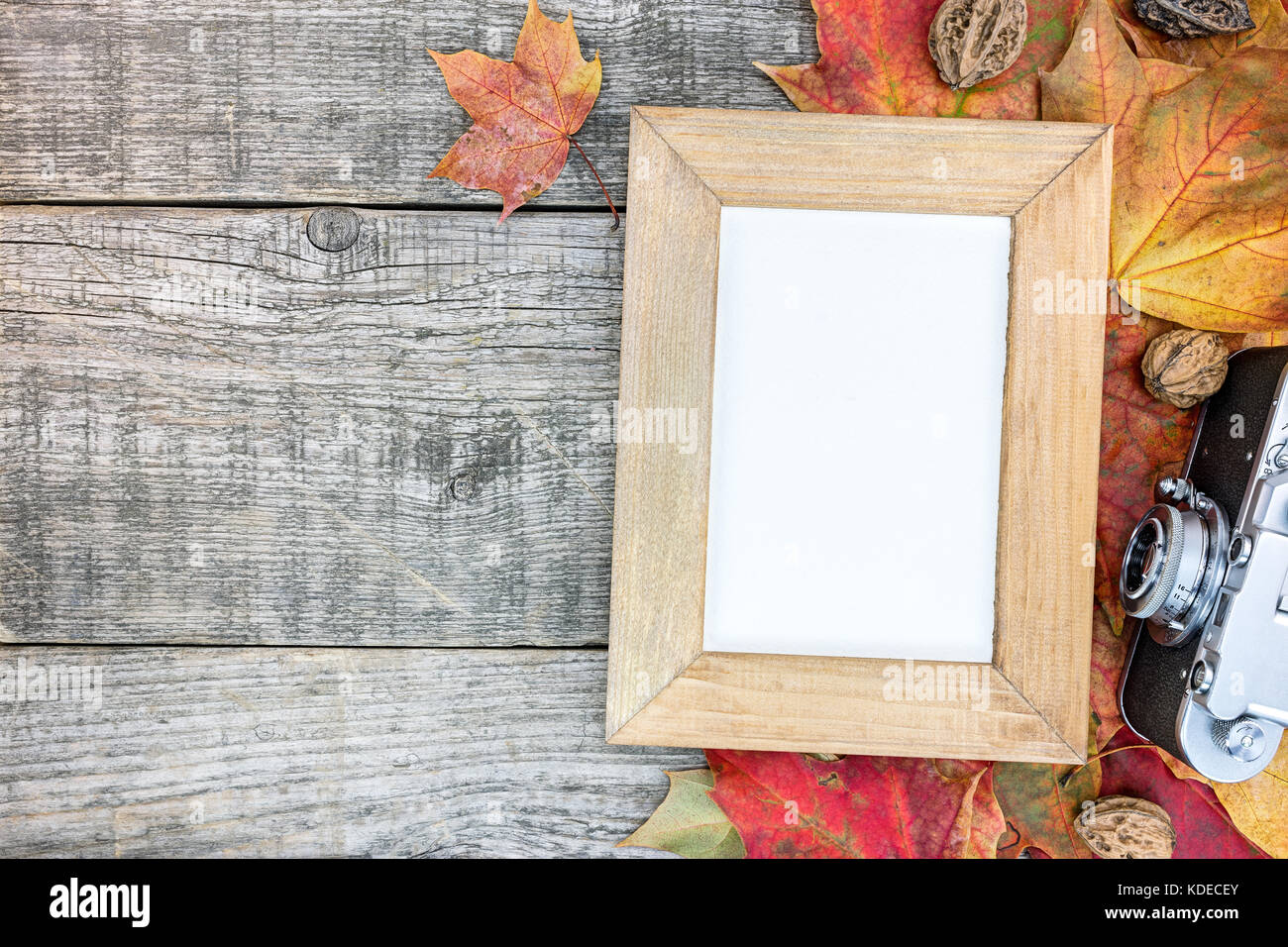 Grunge Holz- Hintergrund mit lebendigen verwelkte Blätter im Herbst, retro Kamera und Photo Frame Stockfoto