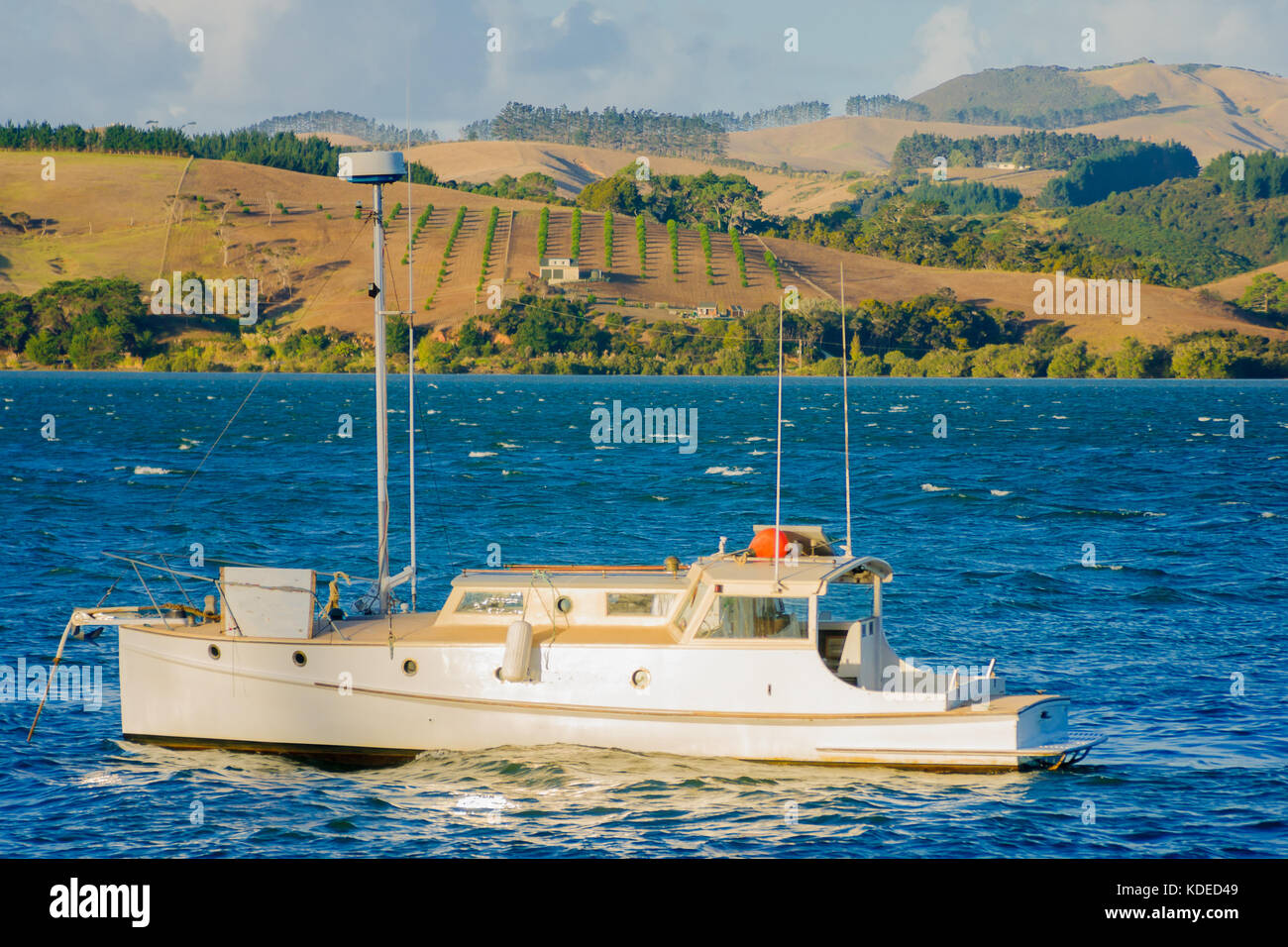 Fischerboot und Landschaft in der Nähe von mangonui, Region Northland, Neuseeland Stockfoto