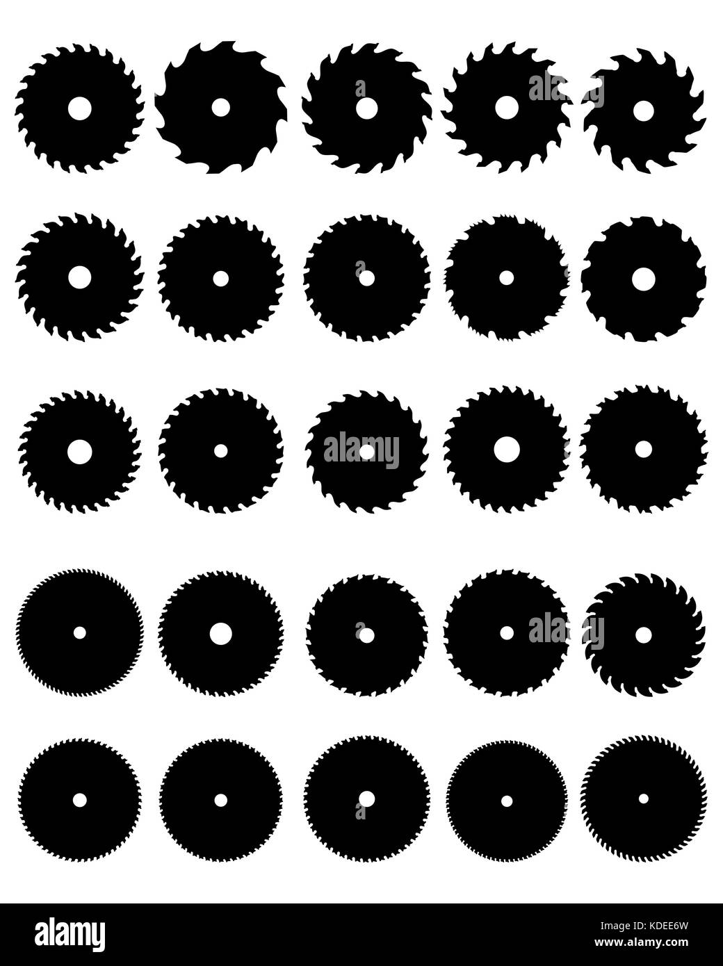 Schwarze Silhouetten verschiedener Kreissägeblätter, Vektor Stockfoto