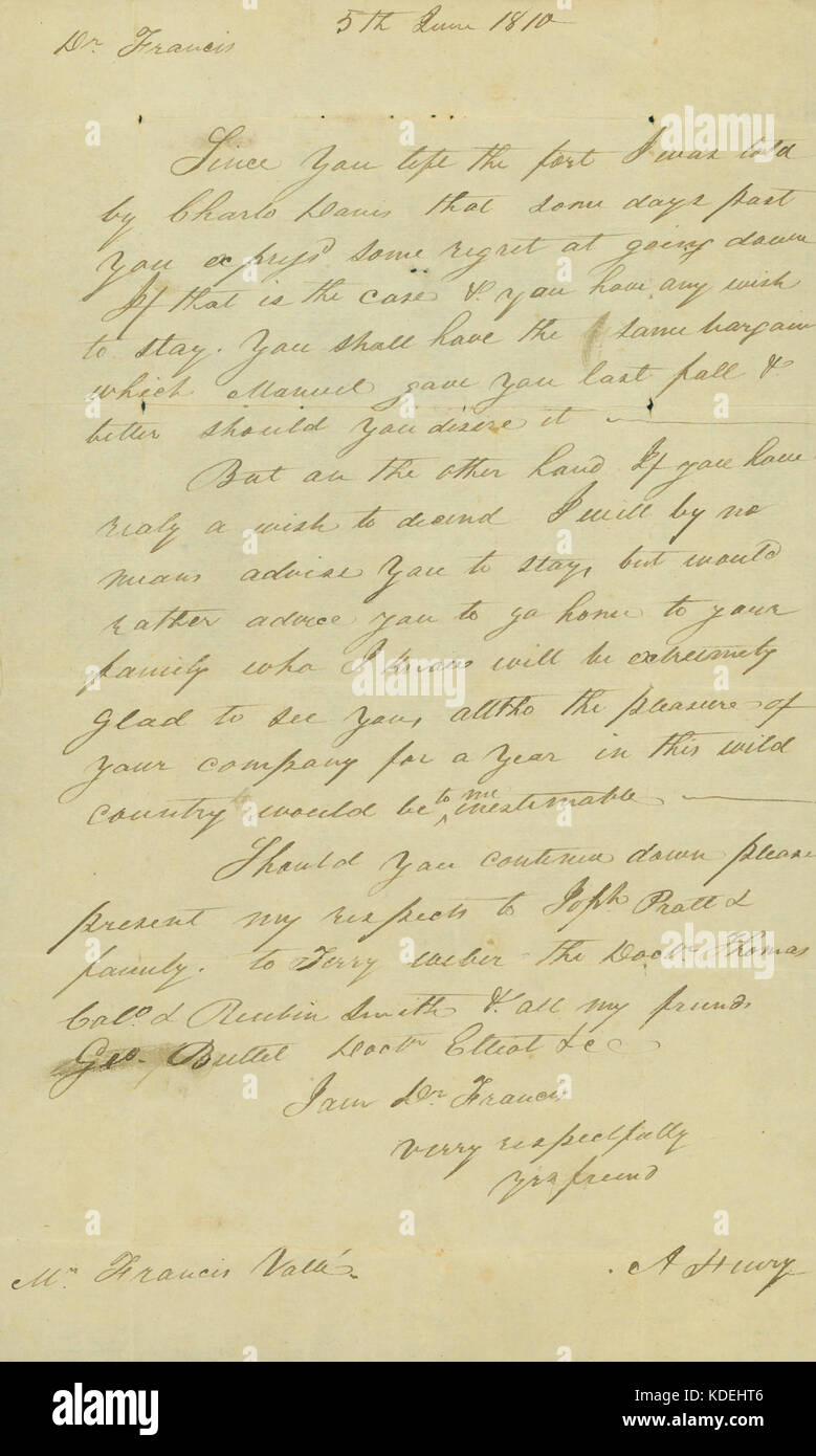 Brief unterzeichnet A. Henry Francois Valle, 5. Juni 1810 Stockfoto