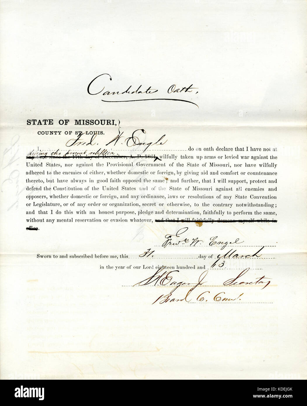 Treue Schwur von Fredk. W. Engel von Missouri, St. Louis Stockfoto