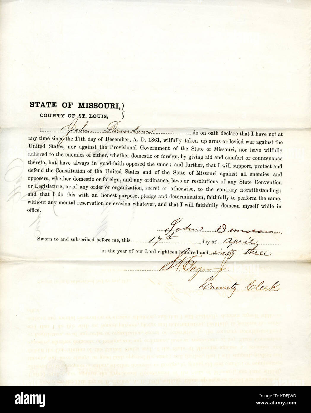 Dieses Dokument ist der Loyalitätsschwur von John Dundon aus Missouri, eine Erklärung der Loyalität gegenüber der Union während des Bürgerkriegs. Sie spiegelt die persönlichen Verpflichtungen wider, die einzelne in Missouri und anderen staaten während des Krieges eingegangen sind, um die Sache der Union zu unterstützen. Stockfoto