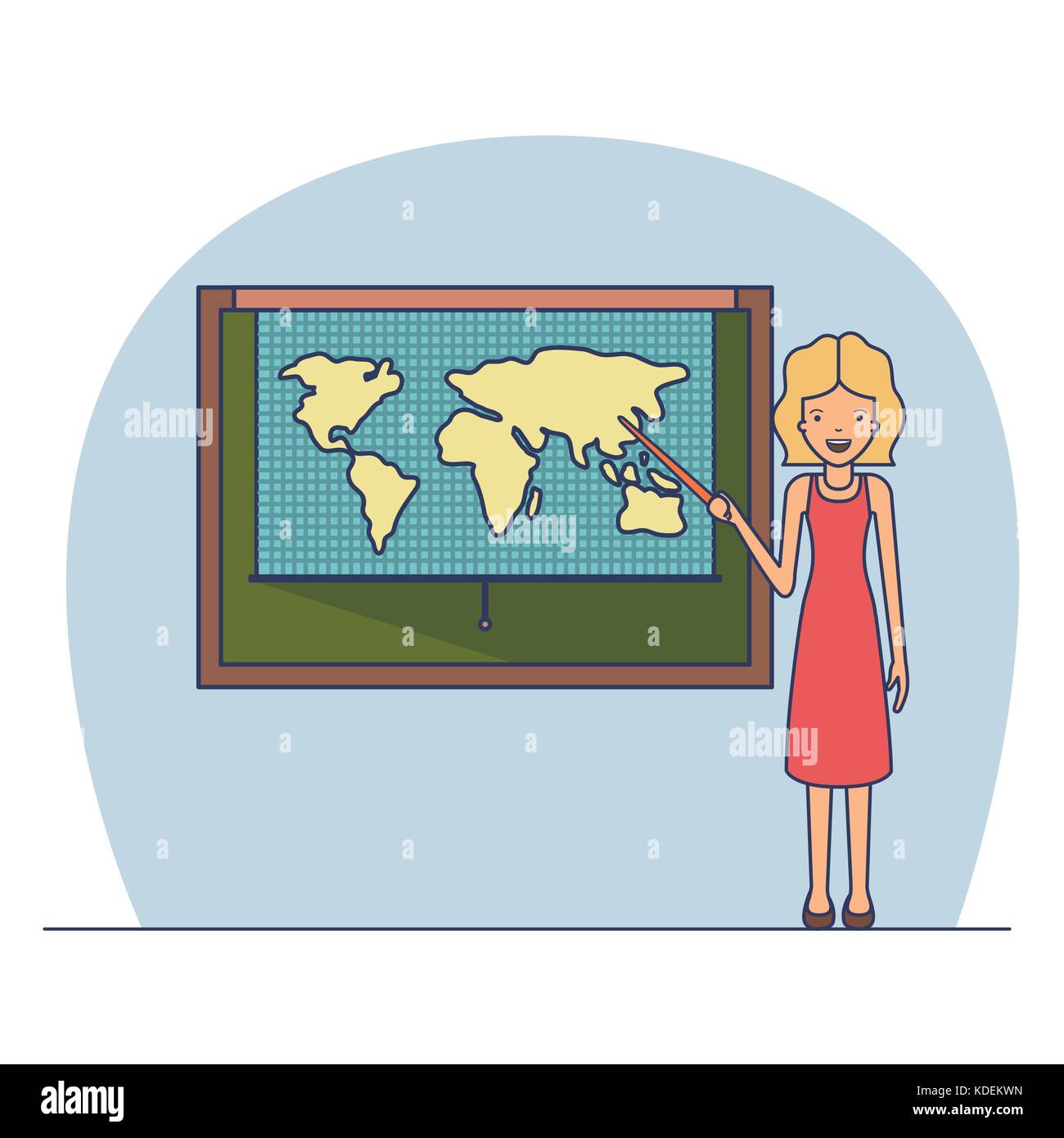 Frau Lehrerin mit blondd kurze Haare auf Klassenzimmer mit Schiefertafel mit Weltkarte Stock Vektor
