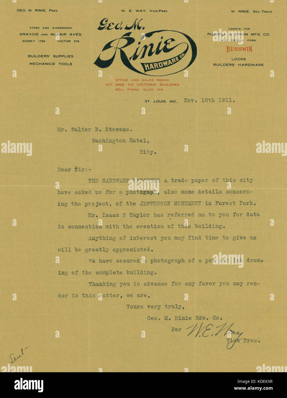 Brief unterzeichnet W.E. Weise, Vice Pres, Geo. M. Rinie Hardware. Co., 407 und 412 Victoria Building, St. Louis, MO. von Herrn Walter B. Stevens, Washington Hotel, 10. November 1911 Stockfoto