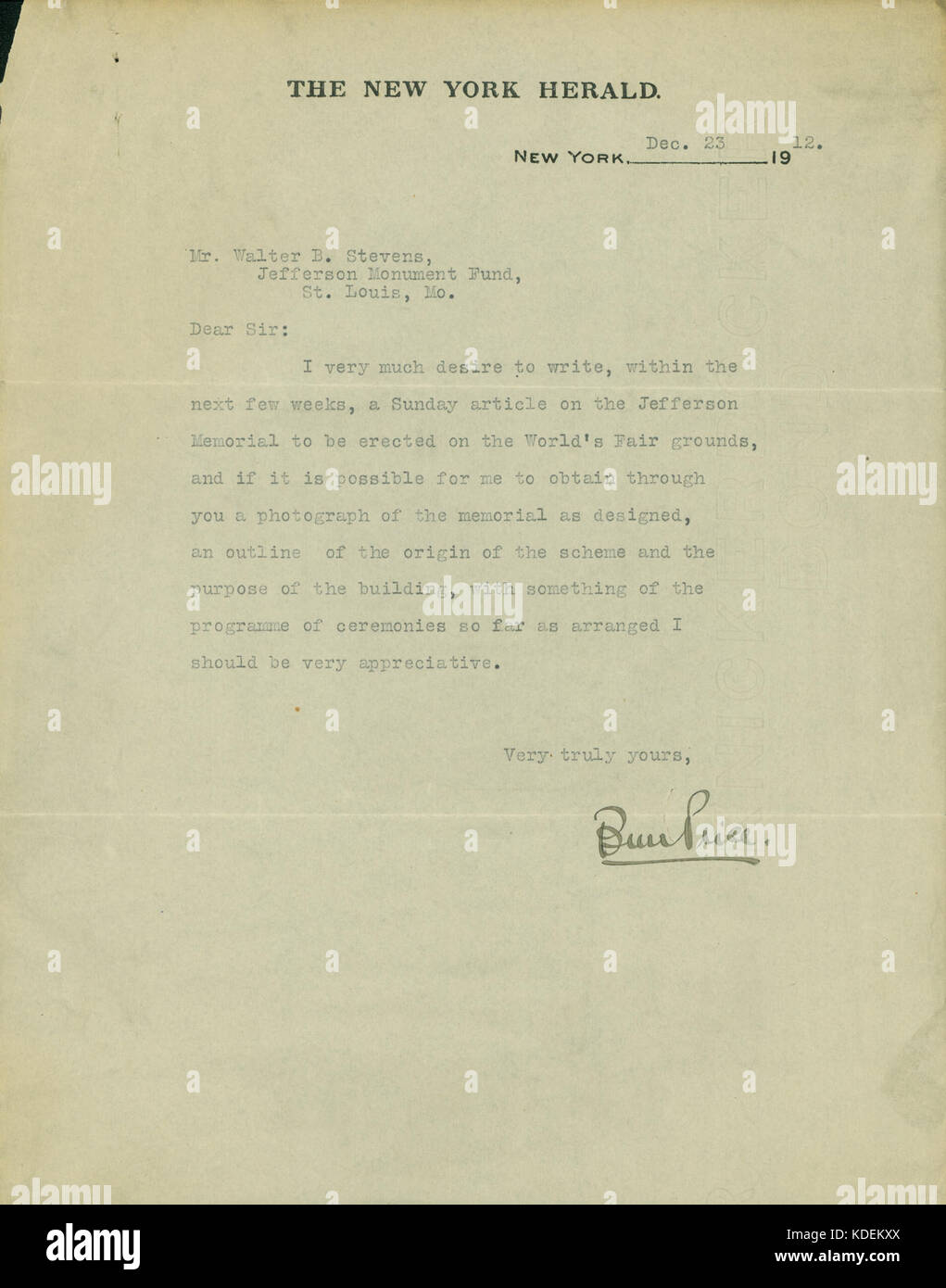 Brief des New York Herald, New York, von Herrn Walter B. Stevens, Jefferson Monument Fund, St. Louis, Mo, 23. Dezember 1912 Stockfoto