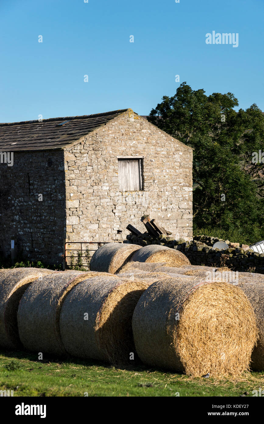 Alte Steinscheune und runde Heuballen in den Yorkshire Dales, England. Stockfoto