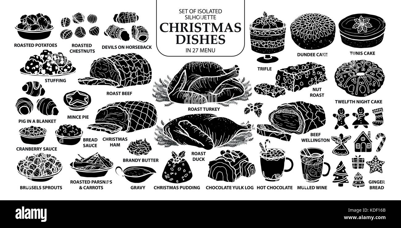 Eingestellt von isolierten Silhouette traditionelle weihnachtliche Gerichte in 27 Menü. cute Hand gezeichnet Vector Illustration in weißer Umriss und Schwarz auf Weiß zurück Stock Vektor