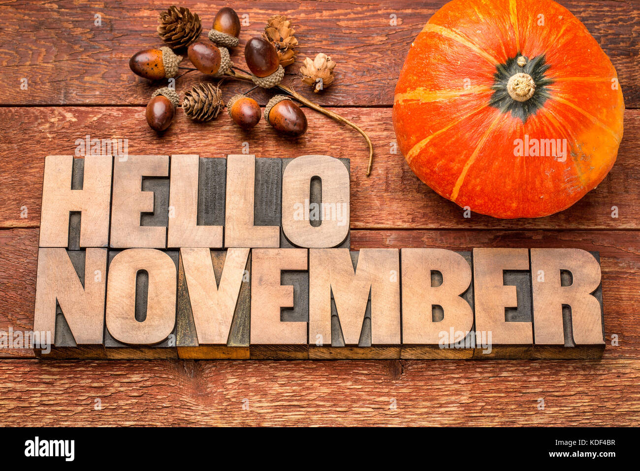 Hallo november Grußkarte - Buchdruck Holz Bausteine gegen gemasertem Holz mit Acorn und Squash Dekoration Stockfoto