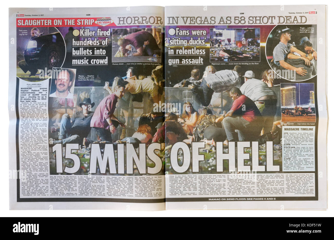Die Sonne Innenseiten Schlagzeile nach der Las Vegas Masse Schießen am 1. Oktober 2017 Stockfoto