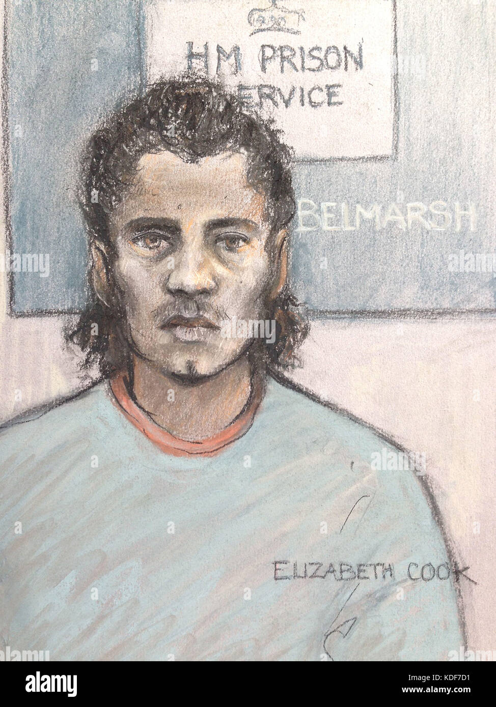 Gerichtskünstlerskizze von Elizabeth Cook über Ahmed Hassan Mohammed Ali, die per Videolink im Old Bailey erscheint, da der Teenager im März wegen des Terroranschlags von Parsons Green, bei dem 30 Tube-Reisende verletzt wurden, vor Gericht gestellt wurde. Stockfoto