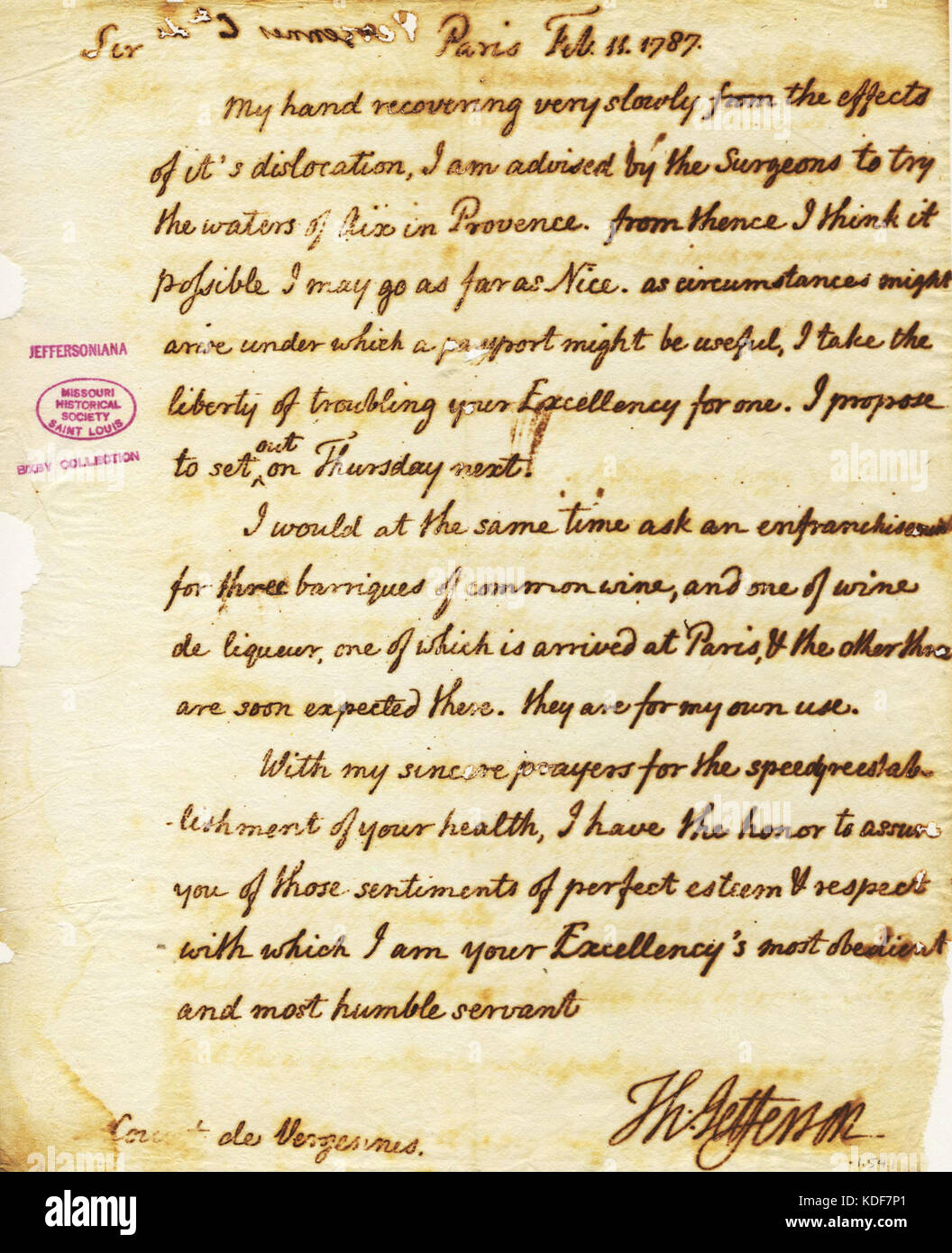 Brief unterzeichnet Thomas Jefferson, Paris, Graf de Vergennes, 11. Februar 1787 Stockfoto