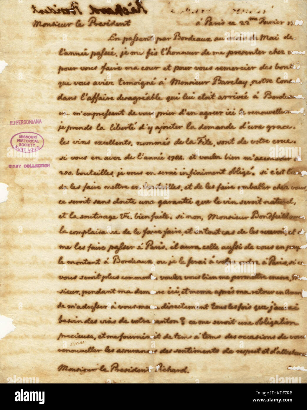 Brief von Thomas Jefferson, Paris, Monsieur le President Pichard, 22. Februar 1788 Stockfoto