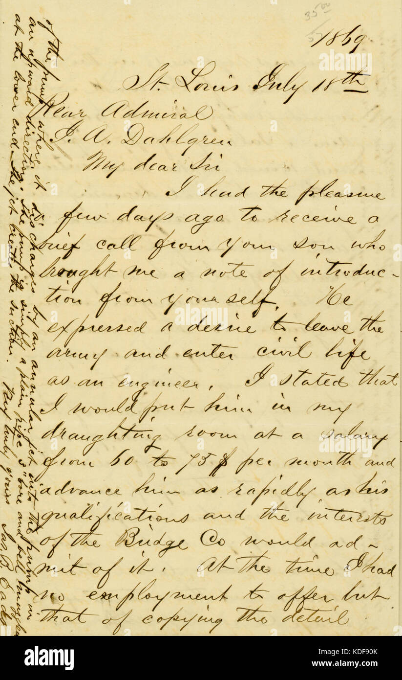 Dieser Brief, unterzeichnet von James B. EADS, einem renommierten Ingenieur, datiert vom 18. Juli 1869 und adressiert an J.A. Dahlgren. Die Korrespondenz enthält wahrscheinlich Details, die für die damaligen Ingenieurprojekte relevant sind, und zeigt die Kommunikation zwischen einflussreichen Persönlichkeiten auf diesem Gebiet während des späten 19. Jahrhunderts. Stockfoto
