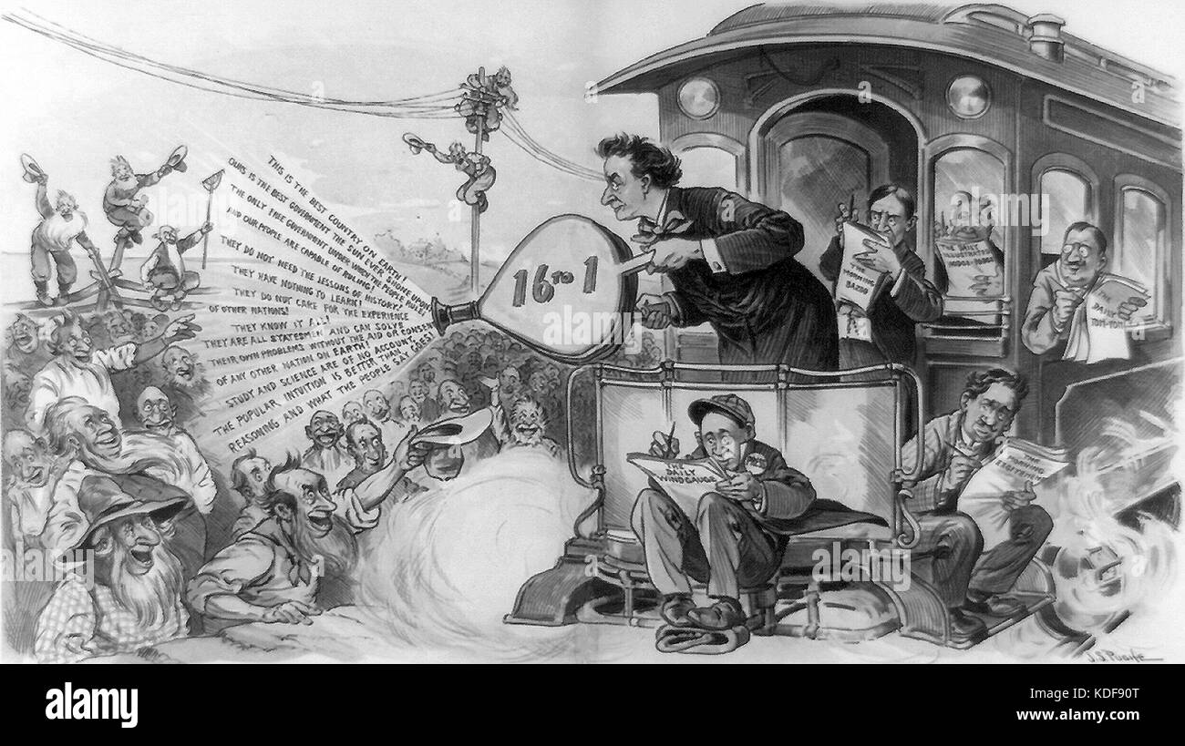 Politische Karikatur spöttisch William Jennings Bryan's Whistle Stop Kampagne Stockfoto