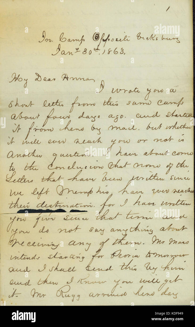 Schreiben von D. S. Grier, in Lager gegenüber Vicksburg, Anna McKinney, 30. Januar 1863 Stockfoto