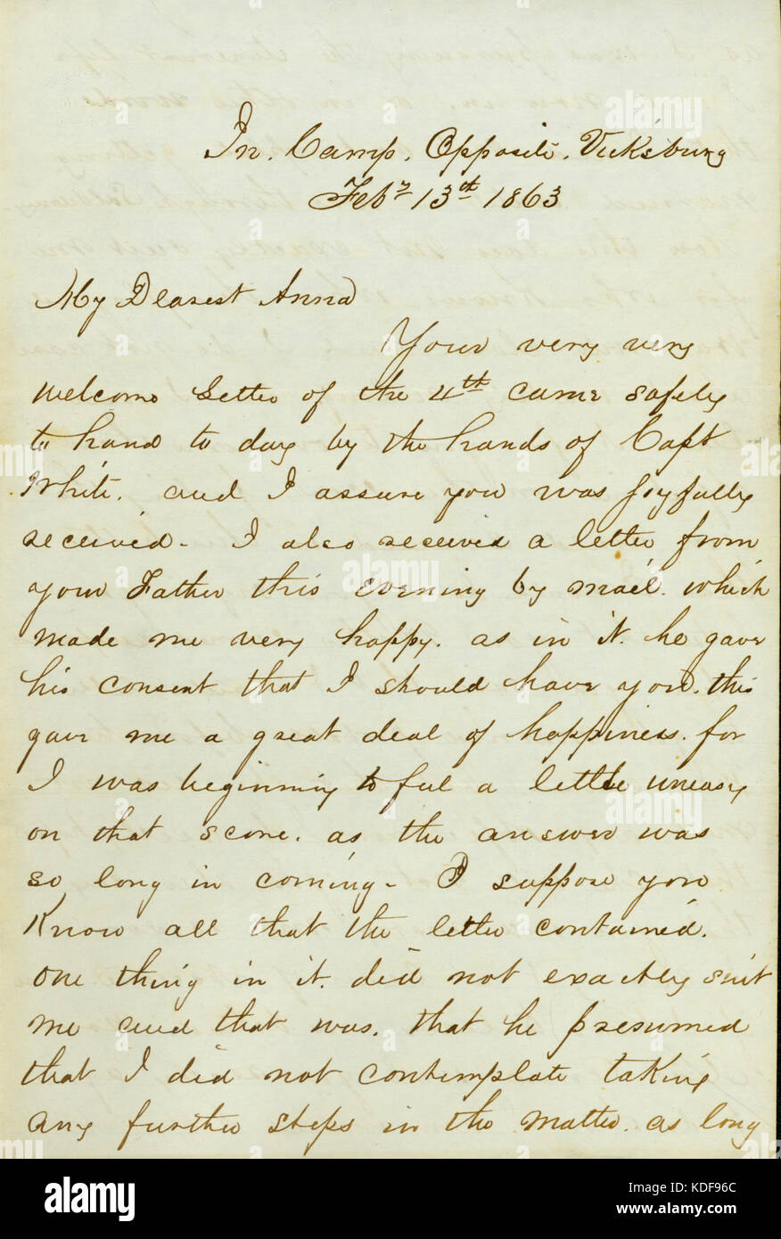 Schreiben von D. S. Grier, in Lager, gegenüber Vicksburg, Anna McKinney, 13. Februar 1863 Stockfoto