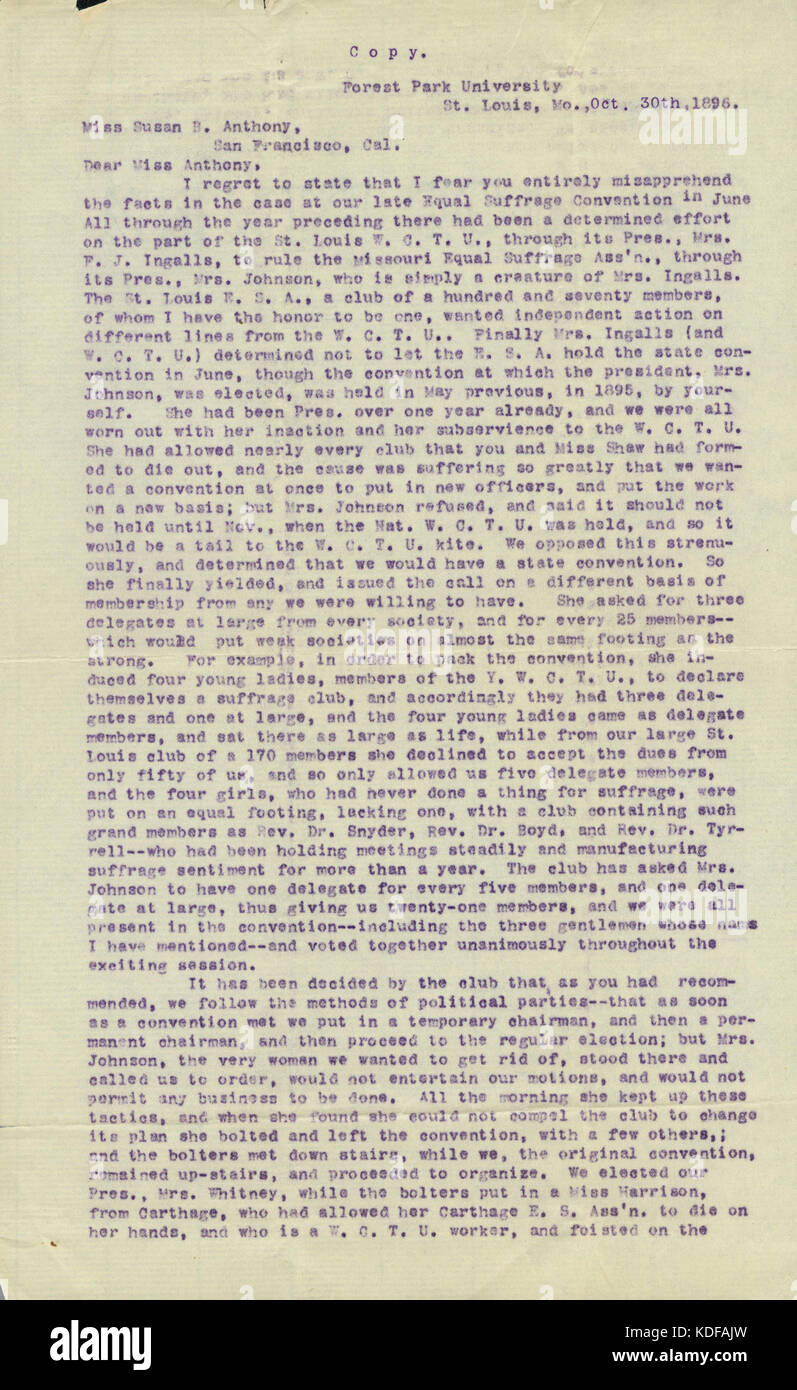 Brief von Anna Sneed Cairns, Forest Park University, St. Louis, MO., Susan B. Anthony, 30. Oktober 1896 Stockfoto