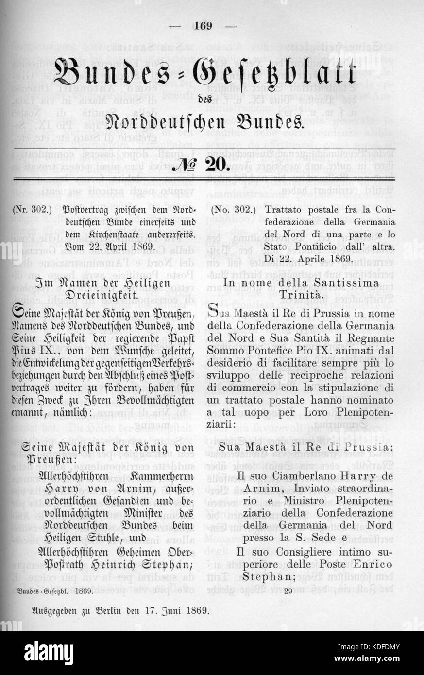 Dieses Dokument aus dem Norddeutschen Bundesgesetzblatt von 1869 enthält wichtige Rechtstexte aus dieser Zeit. Sie spiegelt die rechtliche und politische Landschaft des Norddeutschen Bundes Ende des 19. Jahrhunderts wider. Stockfoto