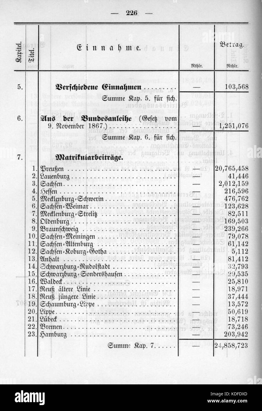 Norddeutsches Bundesgesetzblatt 1869 023 226 Stockfoto